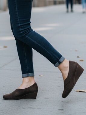 Italia Dark Brown Suede Wedge Round Toe Comfort Shoes Sz EU 39